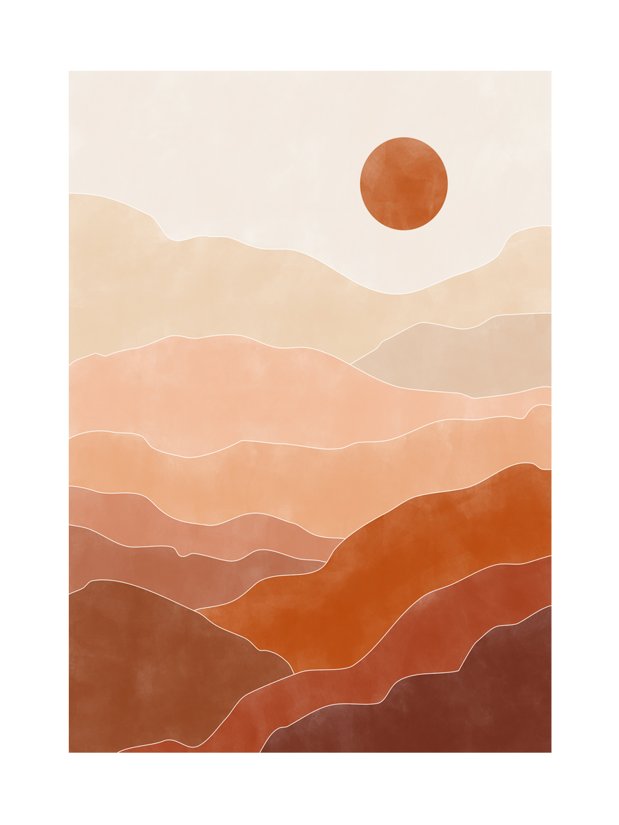 Grafik mit einem roten Planeten über roten und beigen Bergen.