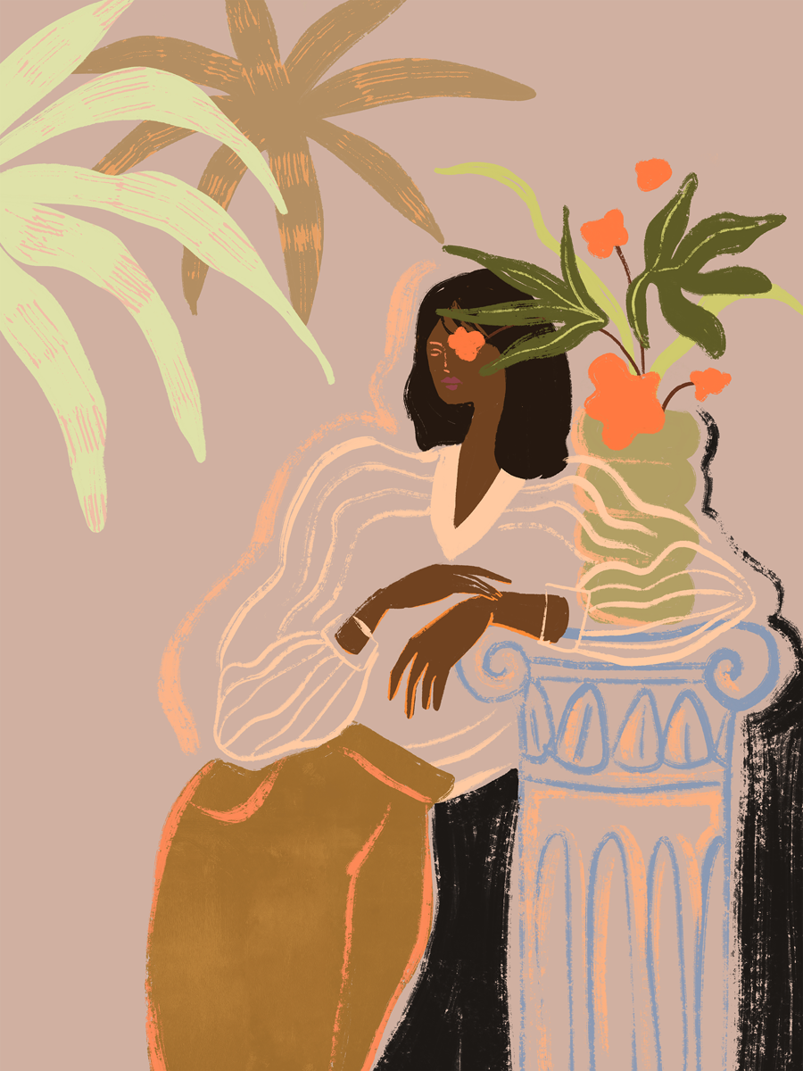 Illustration einer Frau neben einer Vase mit Blumen auf beigem Hintergrund mit Pflanzen.