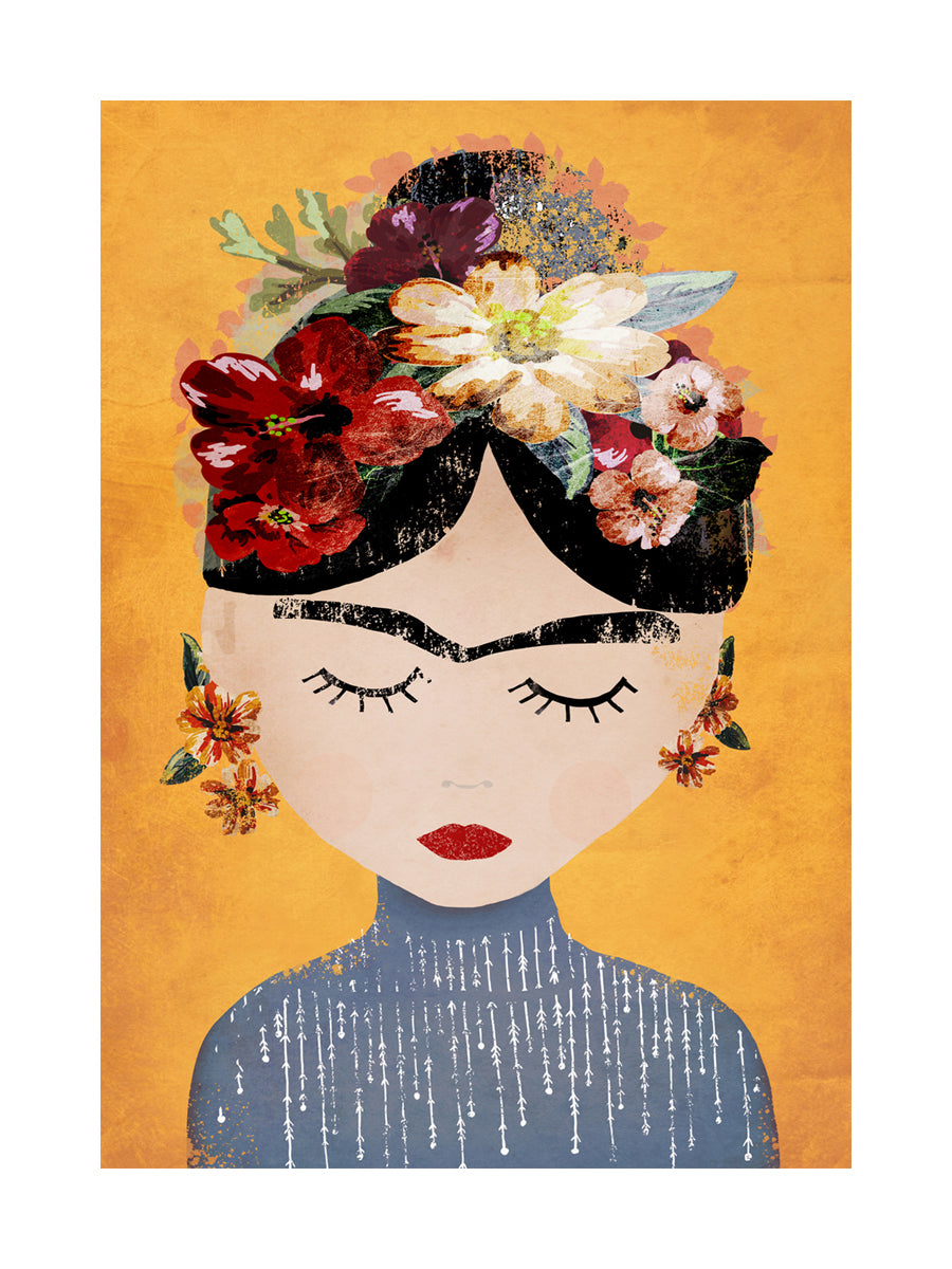 Illustration einer Frau mit Blumenkranz auf gelbem Hintergrund.
