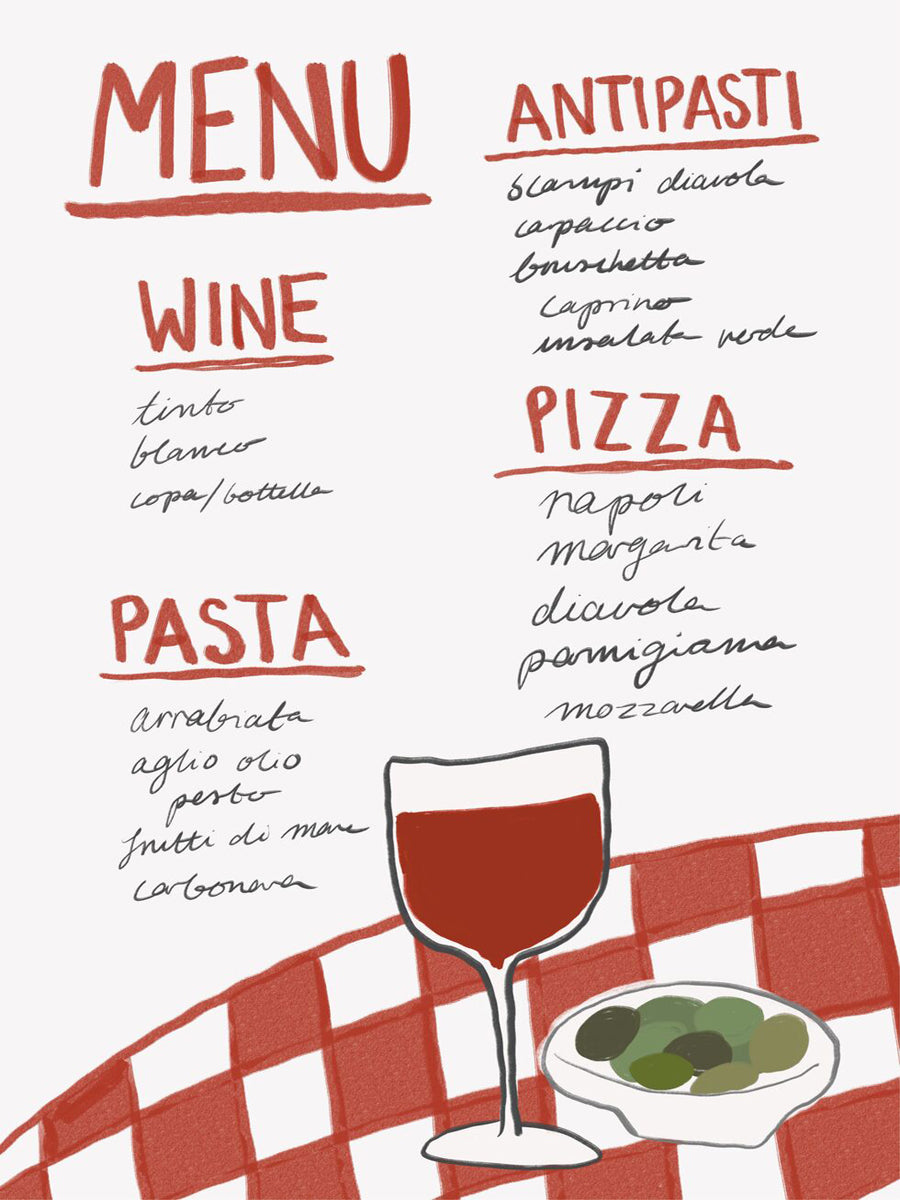 Illustration eines italienischen Menüs mit Rotwein und Oliven auf kariertem Tischtuch.