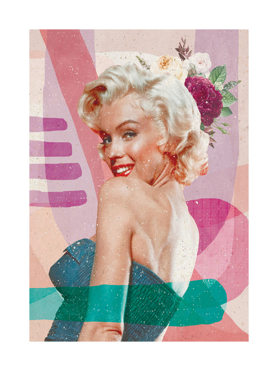 Collage von Marilyn Monroe mit abstrakten Formen und Blumen im Retro-Stil.
