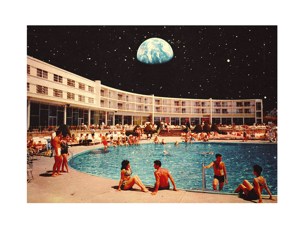 Collage eines Pools mit dem Weltraum im Hintergrund.