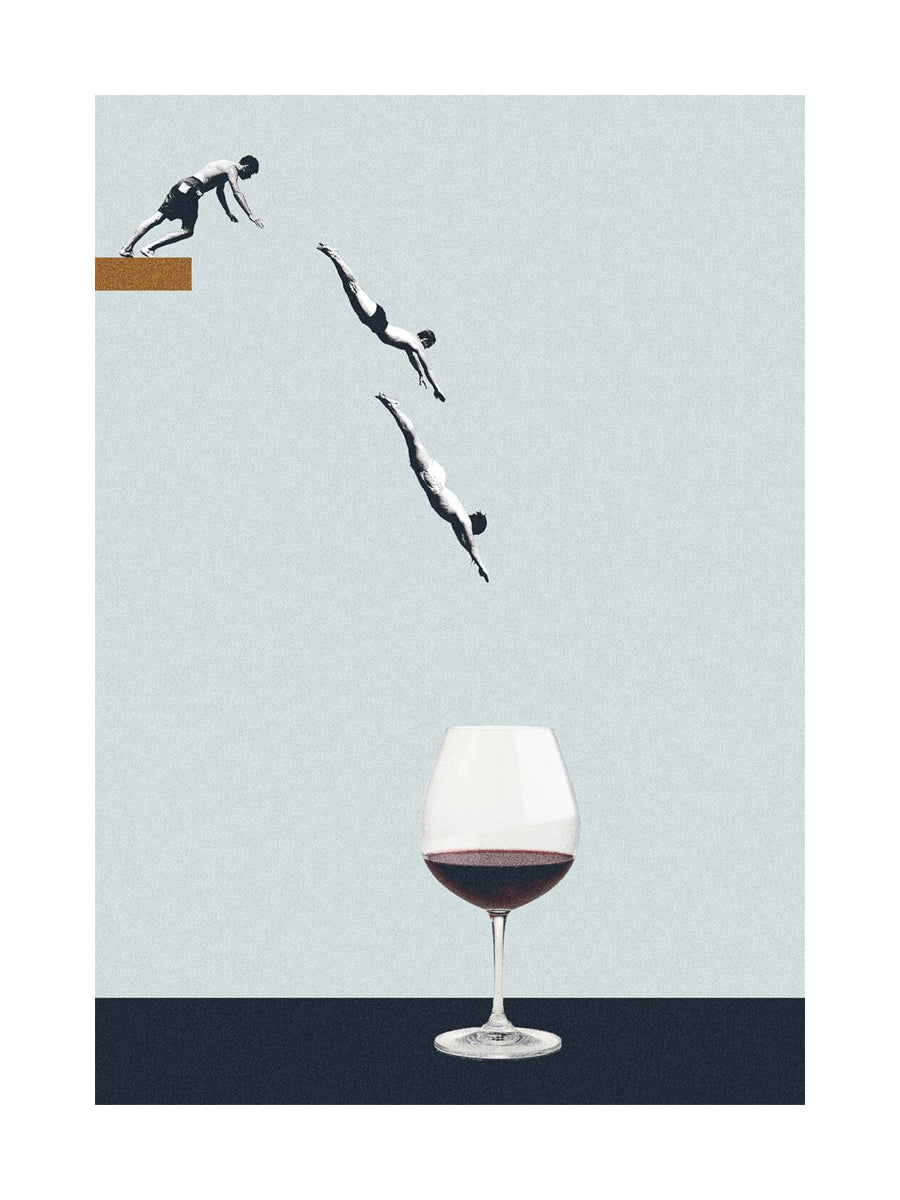 Illustration eines Tauchers, der in ein Weinglas springt, vor einem hellblauen Hintergrund.