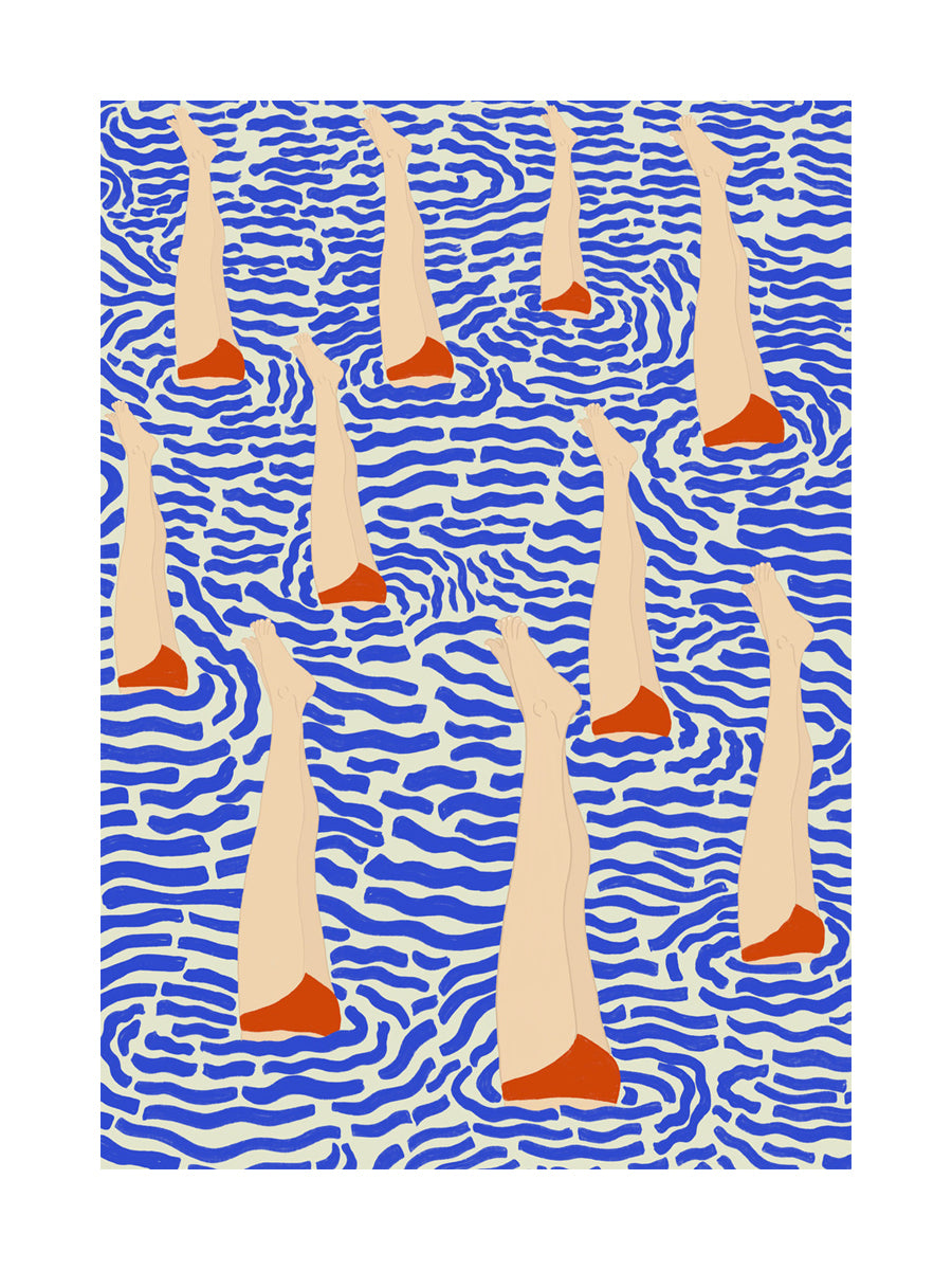 Illustration von Schwimmern auf dem Kopf im Wasser mit blauen Wellen und roten Badeanzügen.
