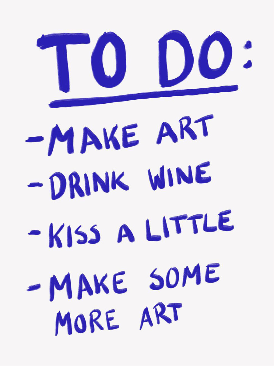 To-Do-Liste mit Aufgaben in blauer Schrift auf weißem Hintergrund.