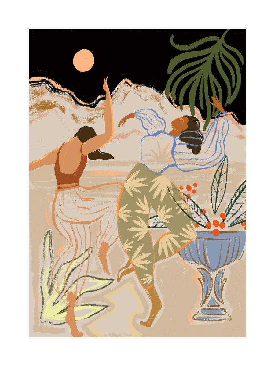 Illustration von zwei Frauen, die in der Wüste unter dem Mond tanzen, umgeben von Pflanzen.