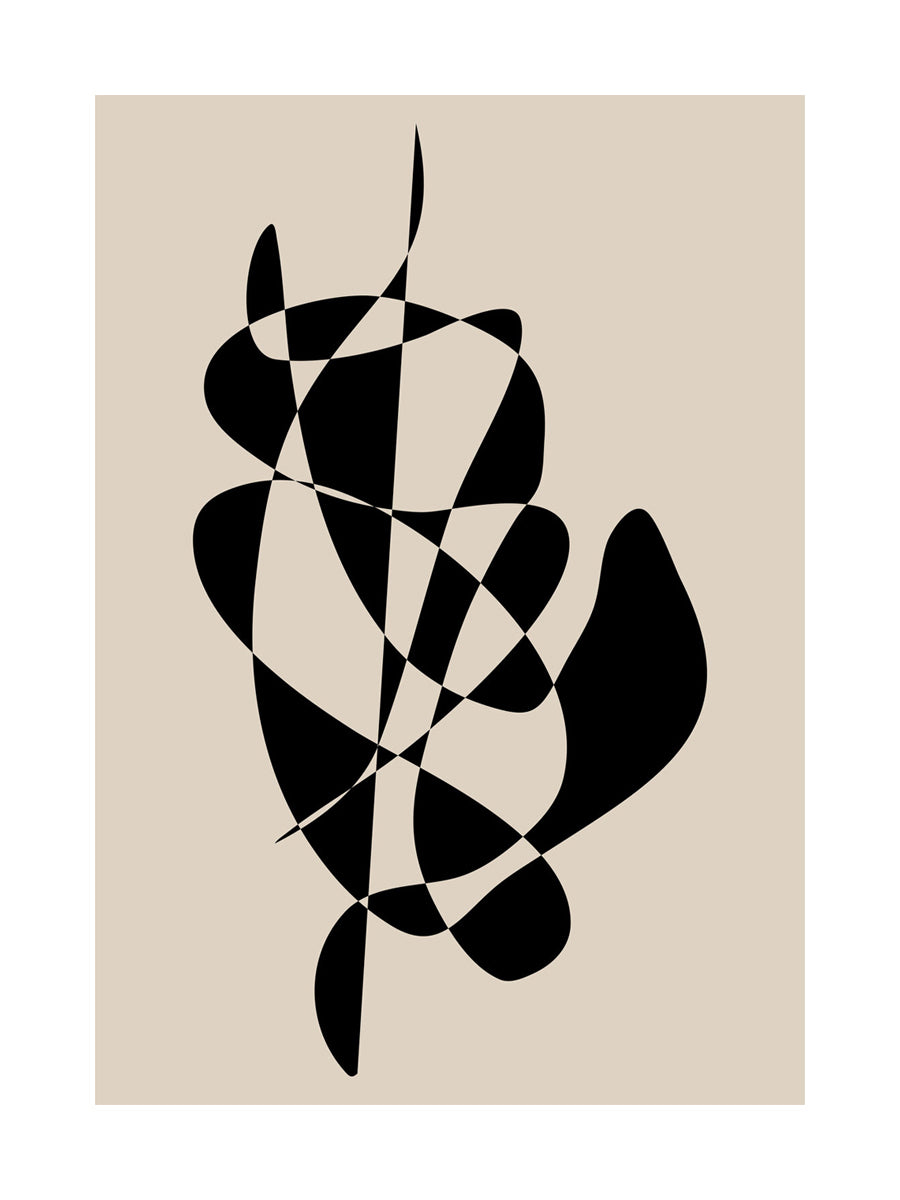 Grafische Illustration mit abstrakten schwarzen Formen auf beigem Hintergrund.