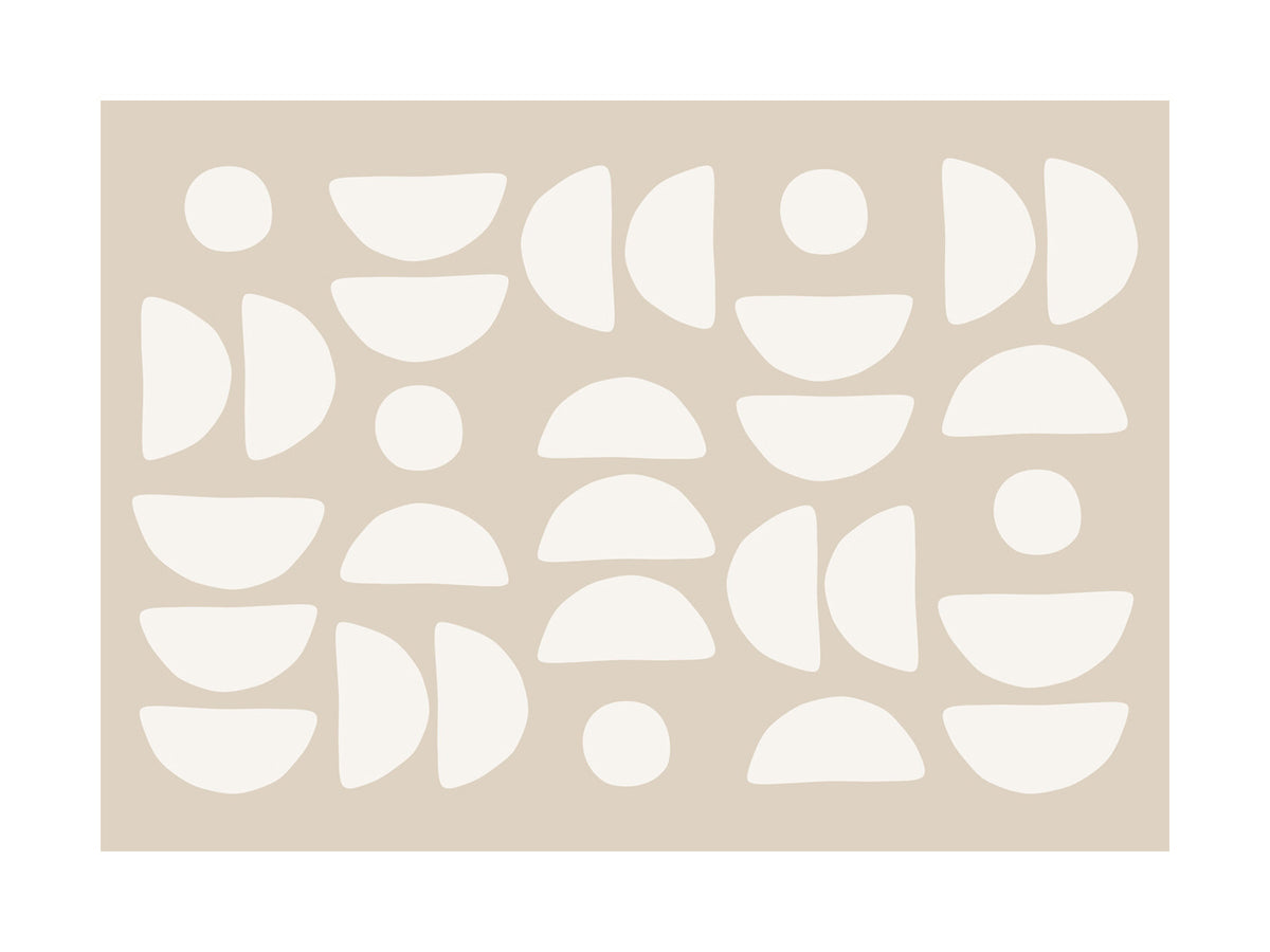 Grafische Formen in Beige und Weiß mit Halbkreisen und Kreisen auf beigem Hintergrund.