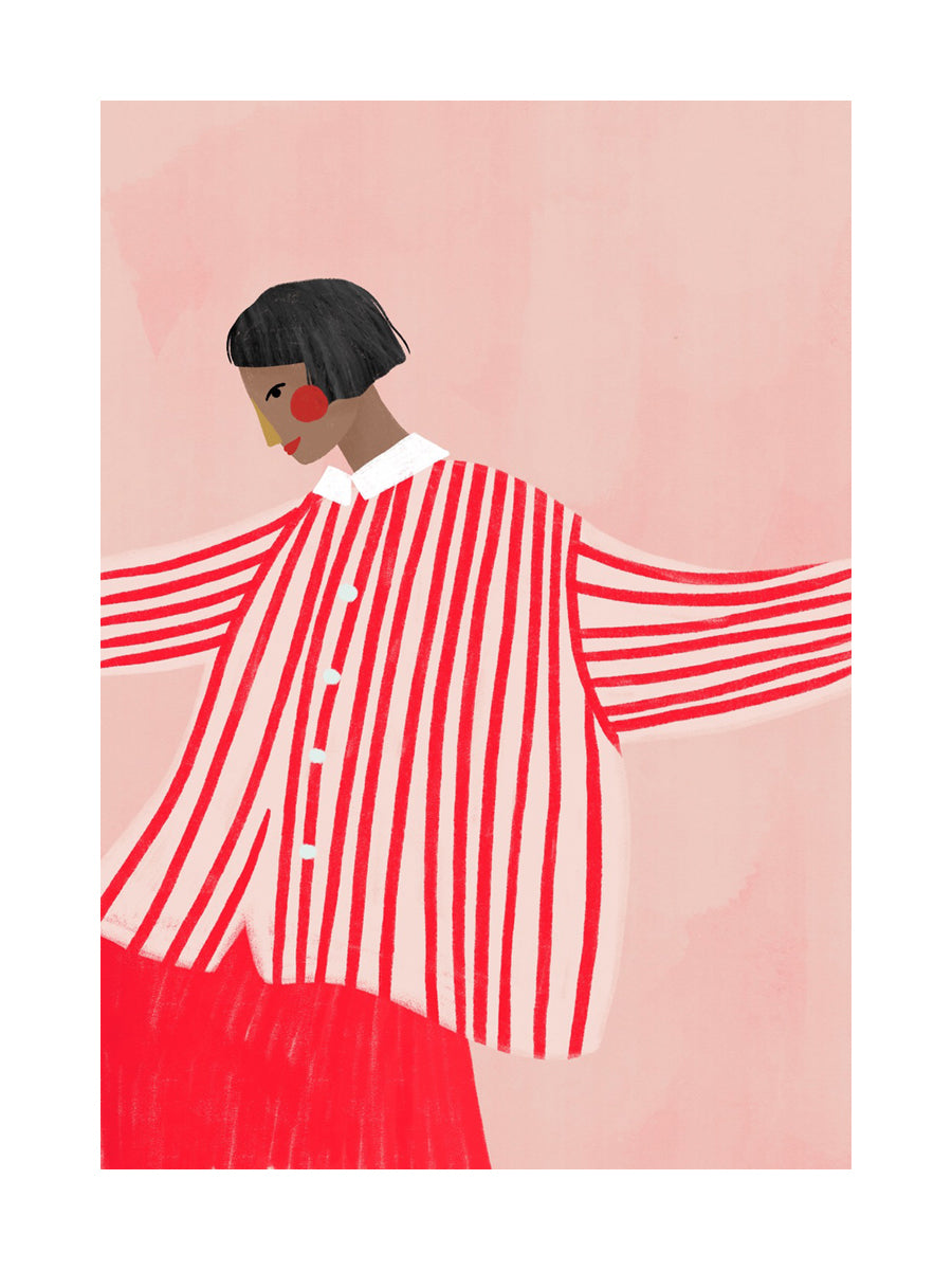 Illustration einer Frau in einem rot-weiß gestreiften Hemd vor einem rosa Hintergrund.