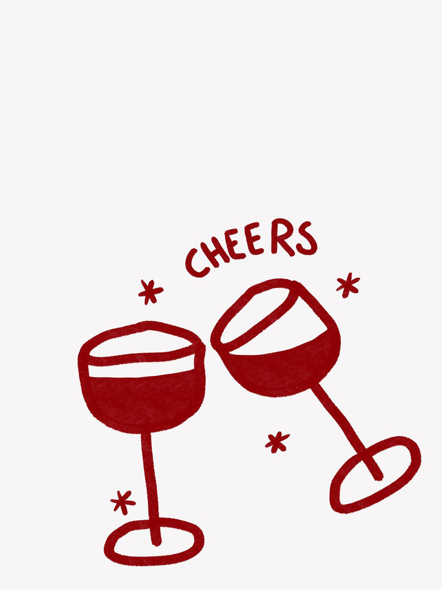 Illustration von zwei anstoßenden Weingläsern in Rot mit dem Text "Cheers".