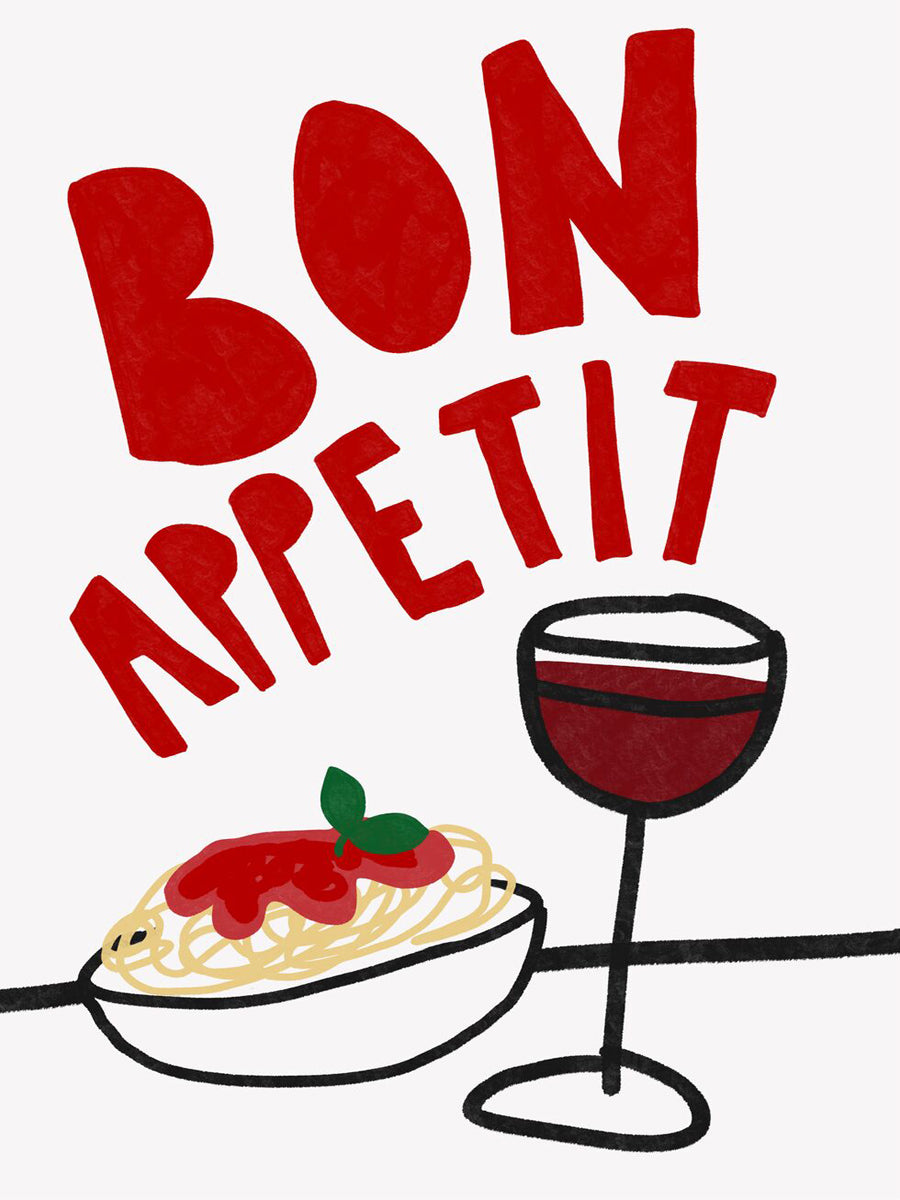 Illustration eines Tellers Spaghetti und eines Glases Rotwein mit dem Text "Bon Appetit" in Rot auf weißem Hintergrund.