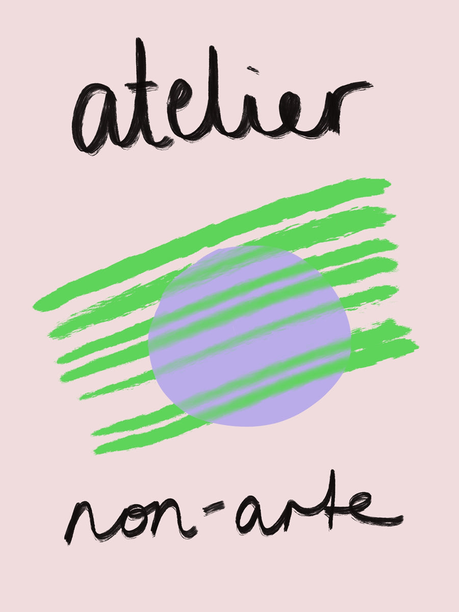 Grafische Illustration mit lila Kreis und grünen Streifen auf hellrosa Hintergrund, Text "Atelier non-arte" in Schwarz.