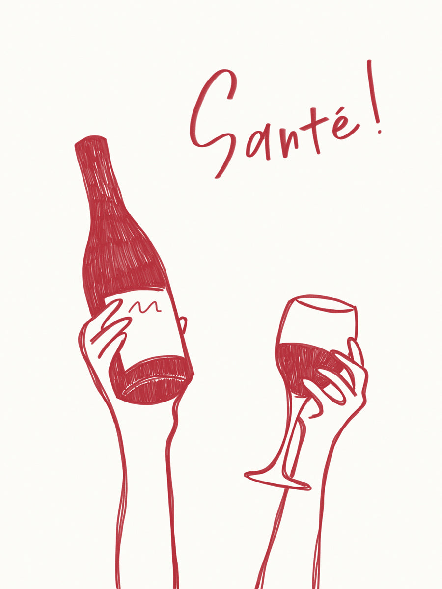 Illustration einer Weinflasche und eines Weinglases mit dem Text „Santé!“ in Rot auf weißem Hintergrund.