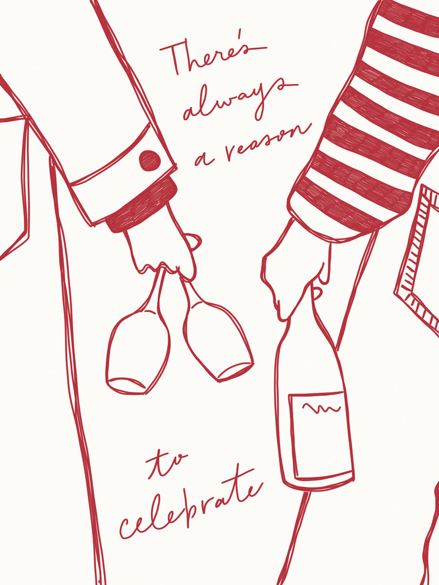 Illustration von zwei Personen, die eine Flasche und Gläser halten, mit dem Text "There's always a reason to celebrate" in Rot und Weiß.