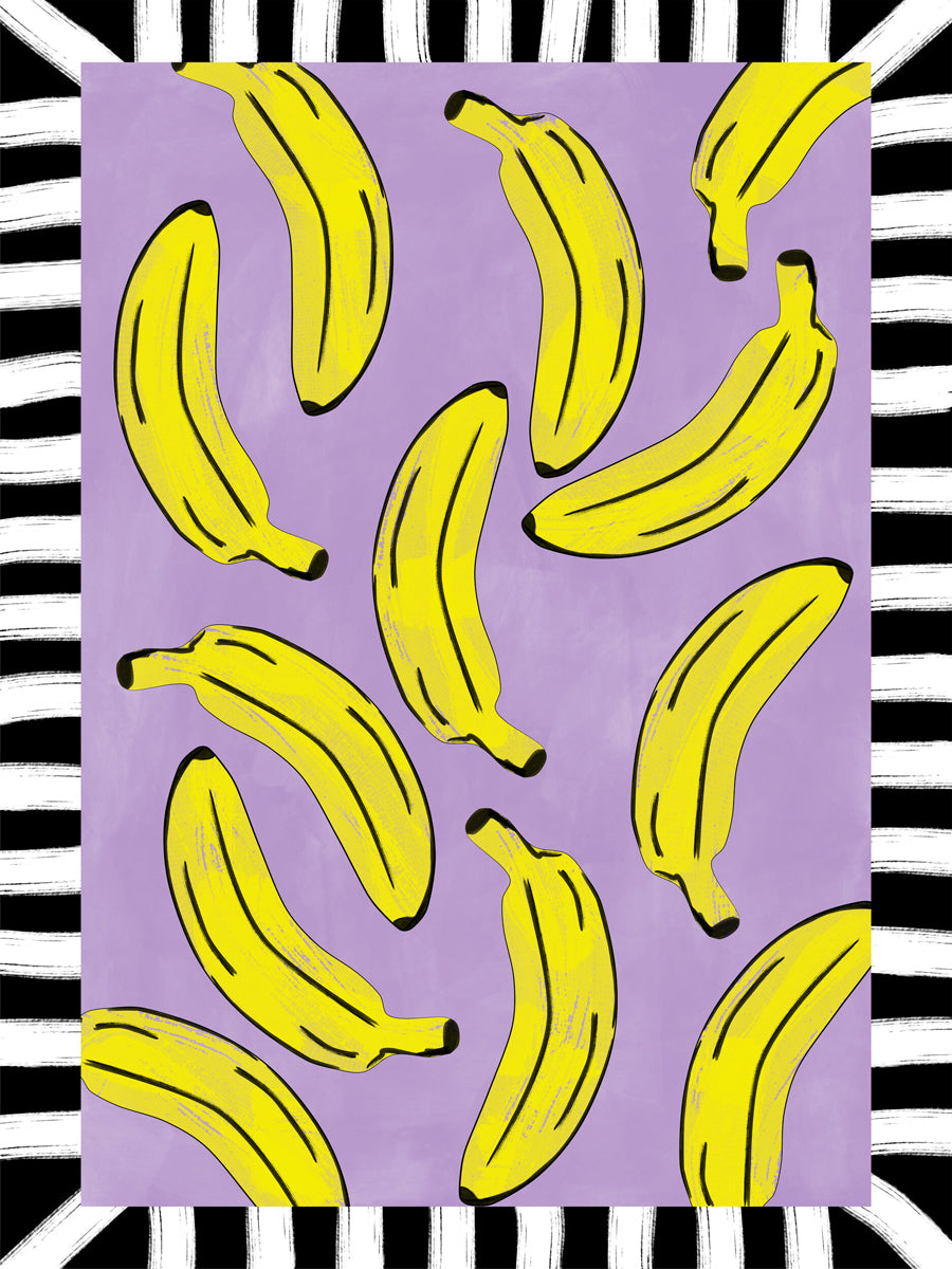 Bananenmotiv mit lila Hintergrund und schwarz-weiß gestreiftem Rahmen.