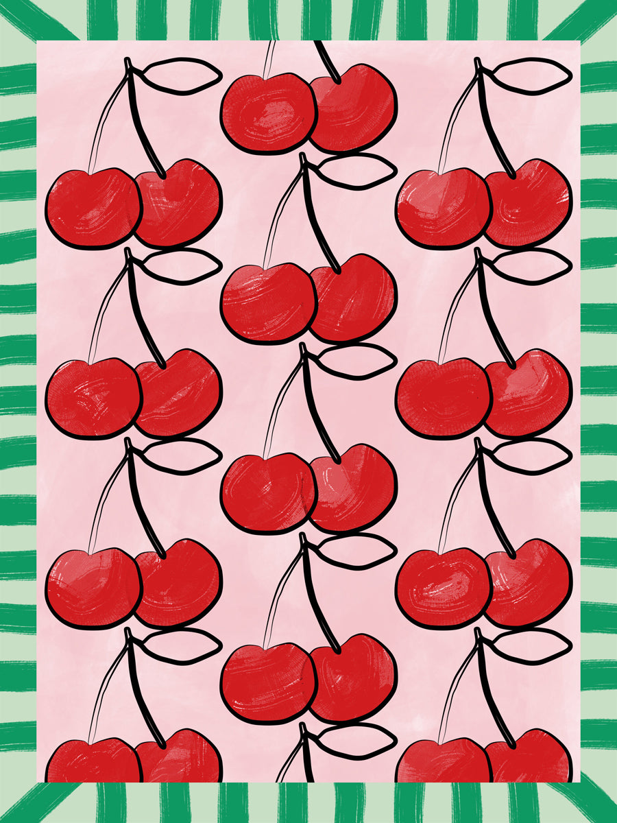 Poster mit roten Kirschen auf rosa Hintergrund und grünem gestreiften Rand.