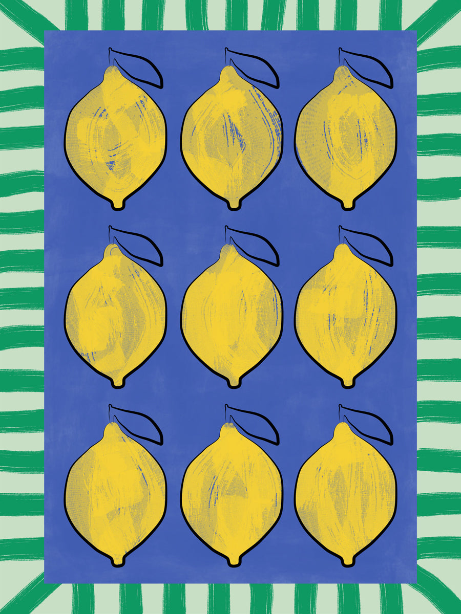 Poster mit neun gelben Zitronen auf blauem Hintergrund und grünem Streifenrahmen.