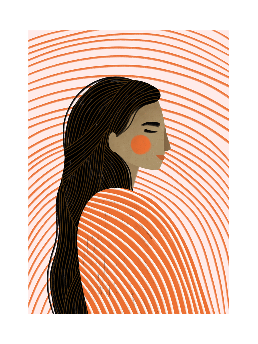 Illustration einer Frau mit langen schwarzen Haaren und orangem Pullover vor einem hellrosa Hintergrund mit orangefarbenen Bögen.
