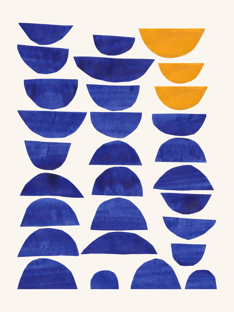 Grafische Illustration mit blauen und gelben Halbkreisen auf hellbeigem Hintergrund.