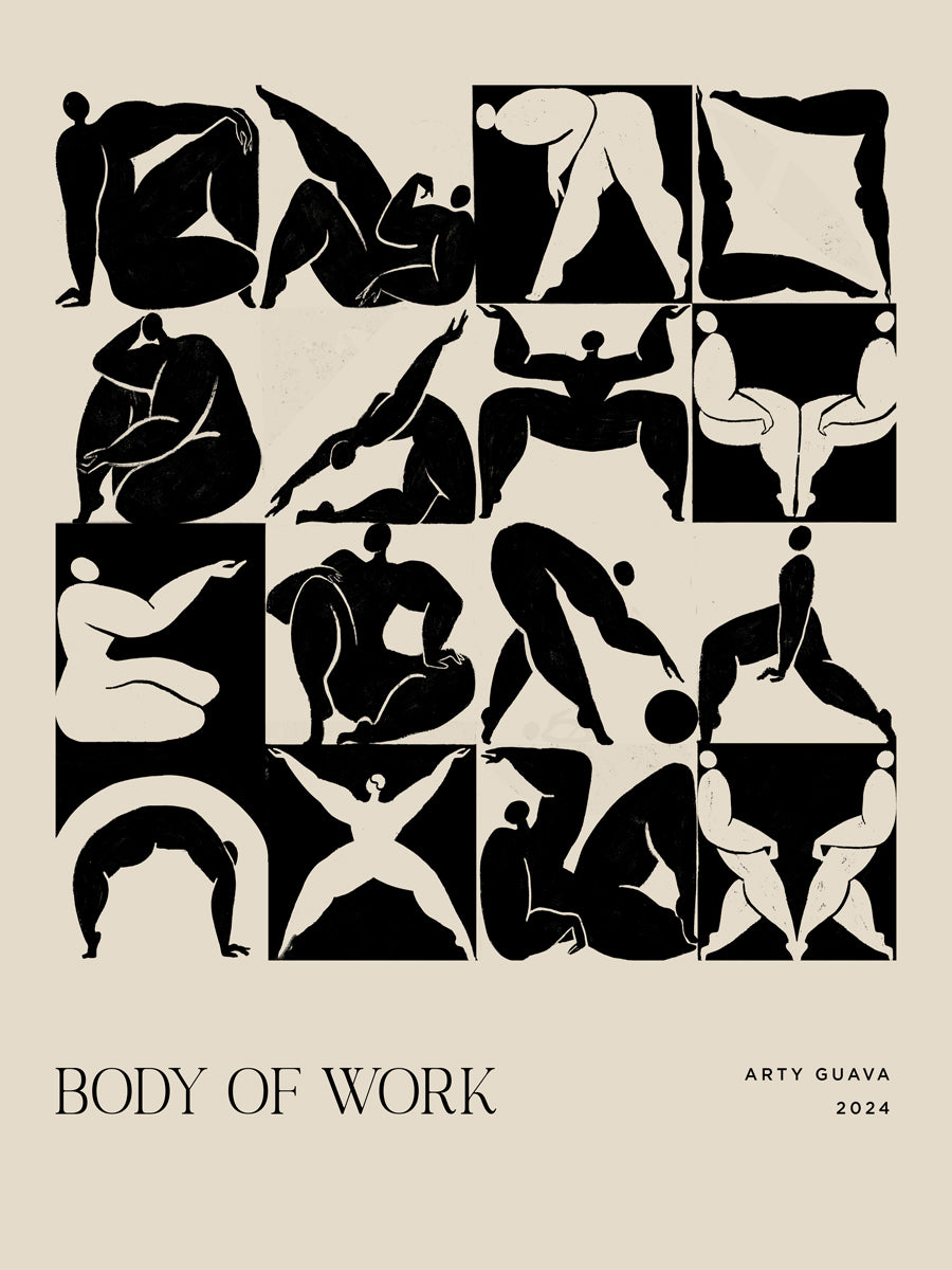 Grafische Illustration mit schwarzen Figuren in verschiedenen Posen auf beigem Hintergrund, mit dem Text "Body of Work".