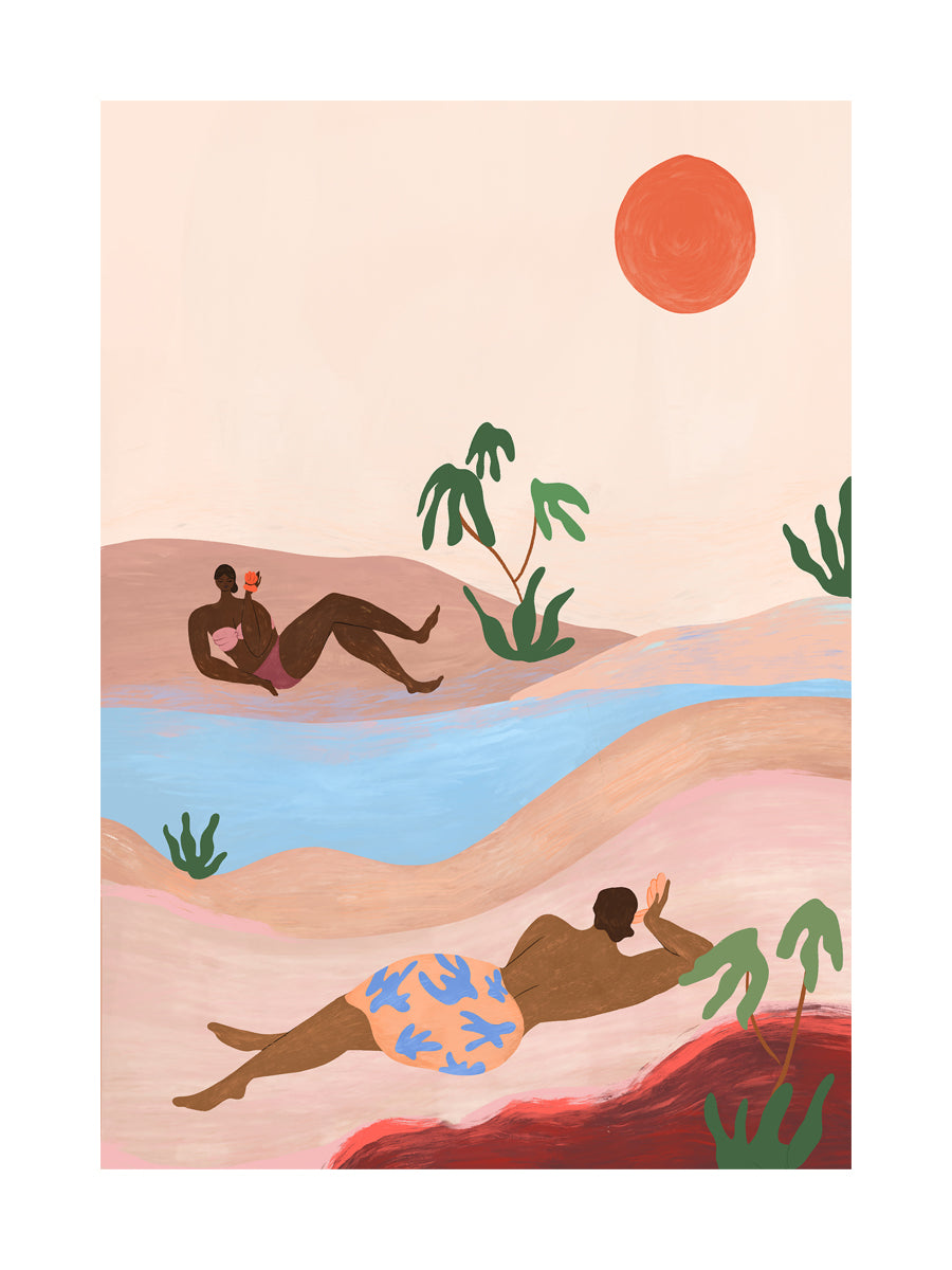 Illustration von zwei Menschen in einer farbenfrohen Landschaft mit einem See und einer roten Sonne.