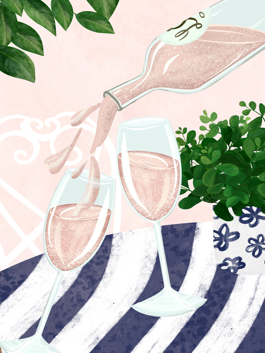 Illustration von zwei Gläsern, in die ein Getränk aus einer Flasche gegossen wird, mit Pflanzen im Hintergrund.
