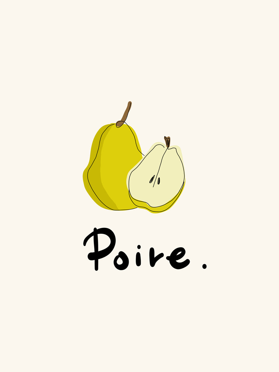 Grafische Illustration von zwei gelben Birnen mit dem Wort „Poire“ darunter.