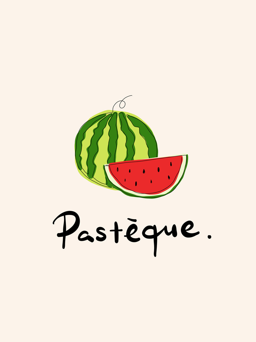 Illustration einer Wassermelone mit dem Text „Pastèque“ auf beigem Hintergrund.