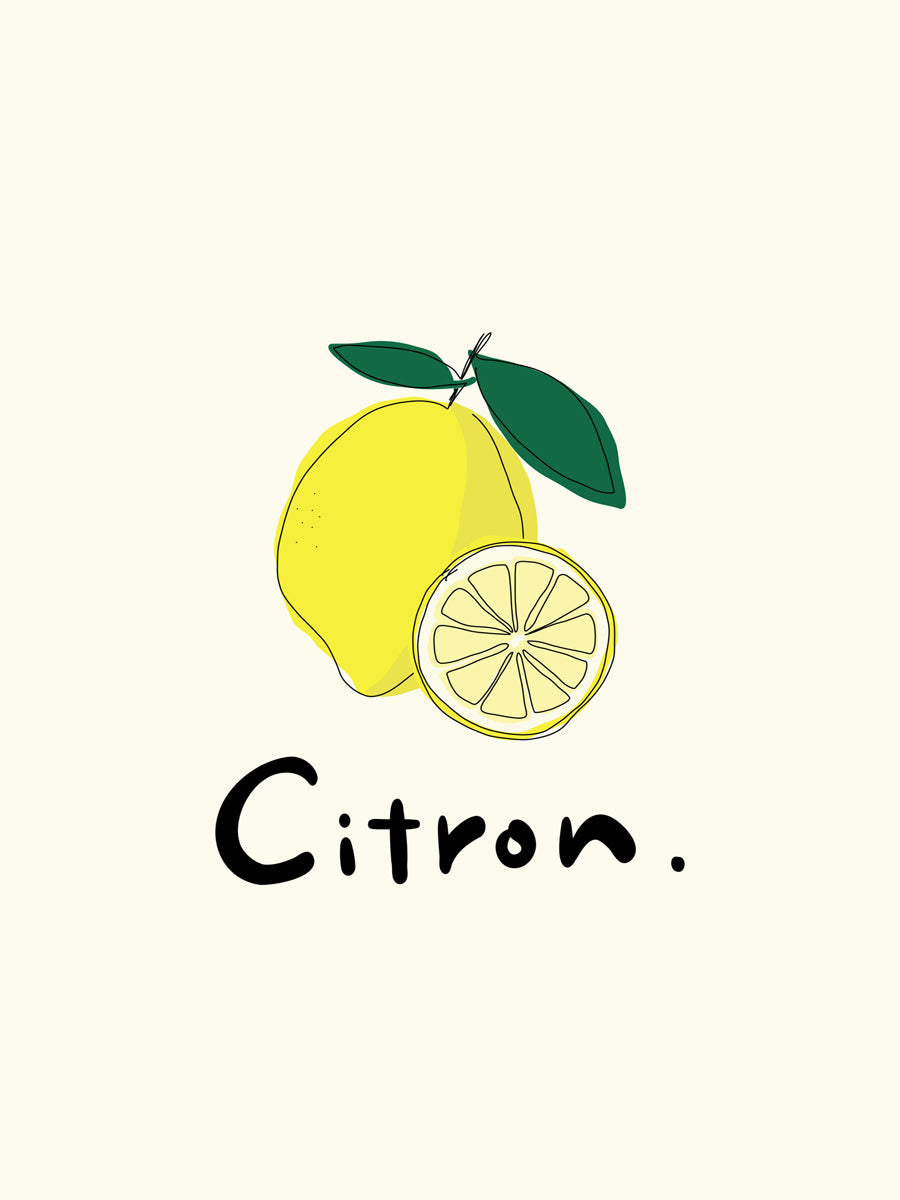 Illustration von zwei Zitronen mit schwarzem Text "Citron" auf hellgelbem Hintergrund.