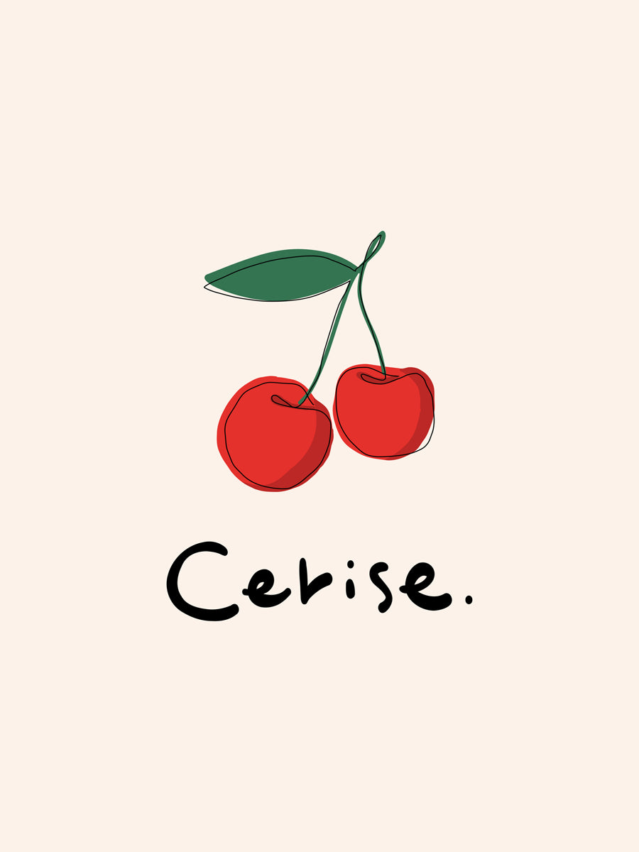 Grafische Illustration von zwei roten Kirschen mit dem Text "Cerise" auf beigem Hintergrund.