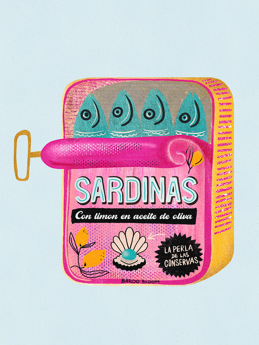 Illustration einer Sardinendose in Pink mit schwarzem Text auf hellblauem Hintergrund.