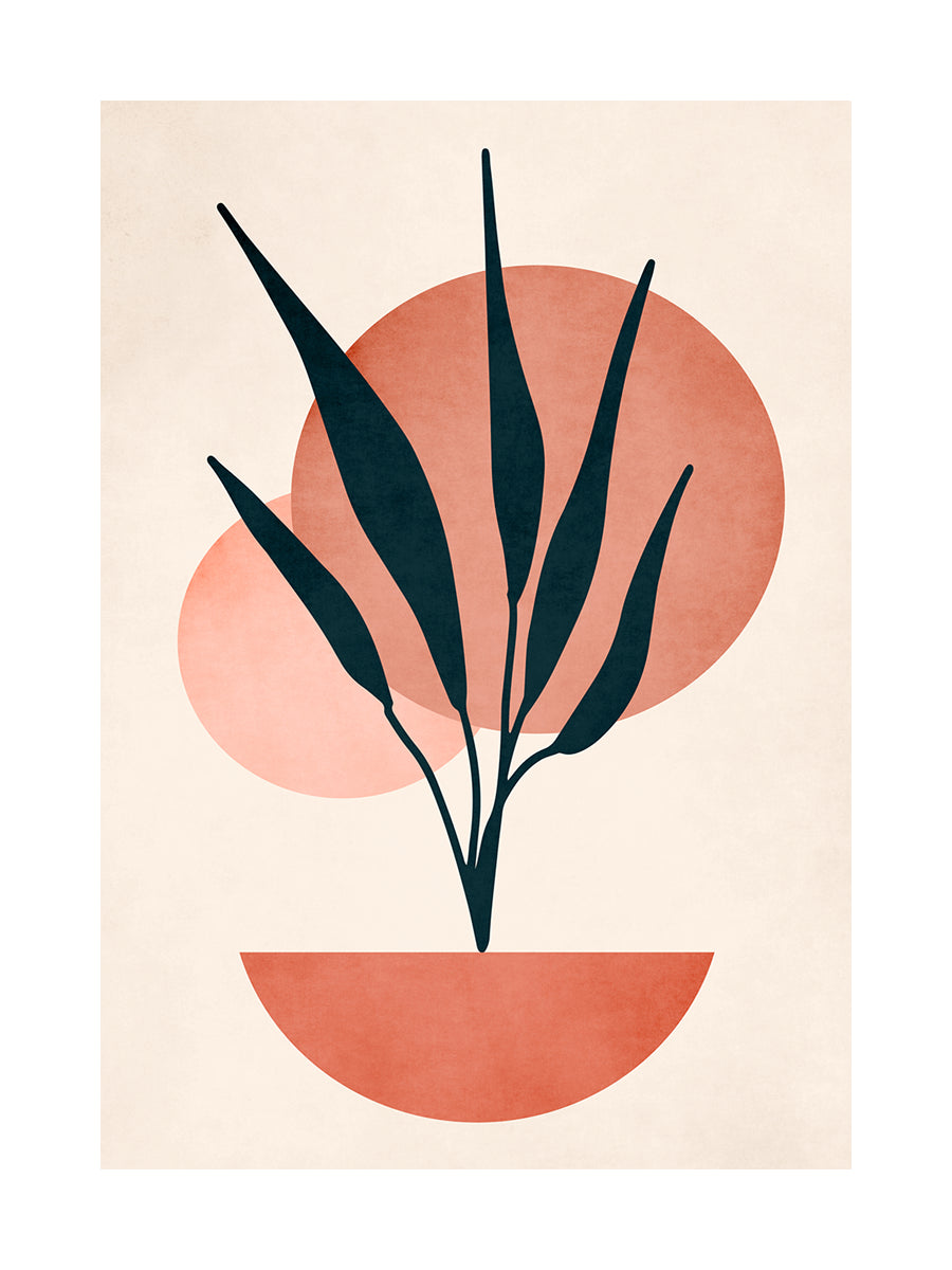 Grafische Illustration einer Pflanze mit dunkelgrünen Blättern vor einem beigen Hintergrund mit orangefarbenen Kreisen.