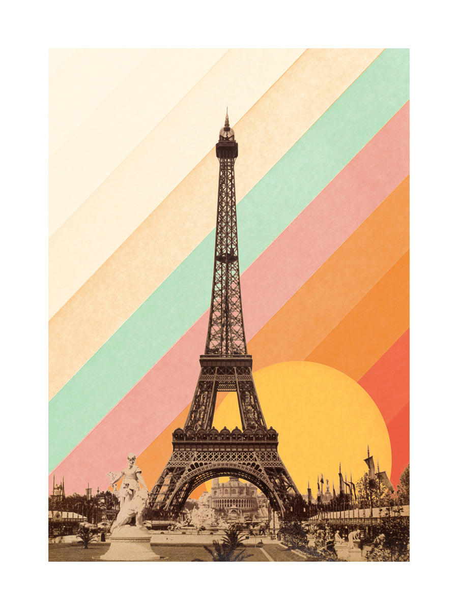 Poster des Eiffelturms vor einem Sonnenuntergang mit Streifen in Orange, Gelb, Rosa und Grün.