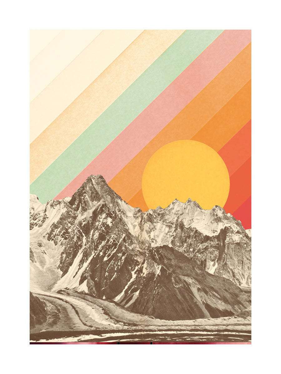 Grafische Illustration mit einem schwarz-weißen Bergpanorama, einer gelben Sonne und bunten diagonalen Streifen auf beigem Hintergrund.