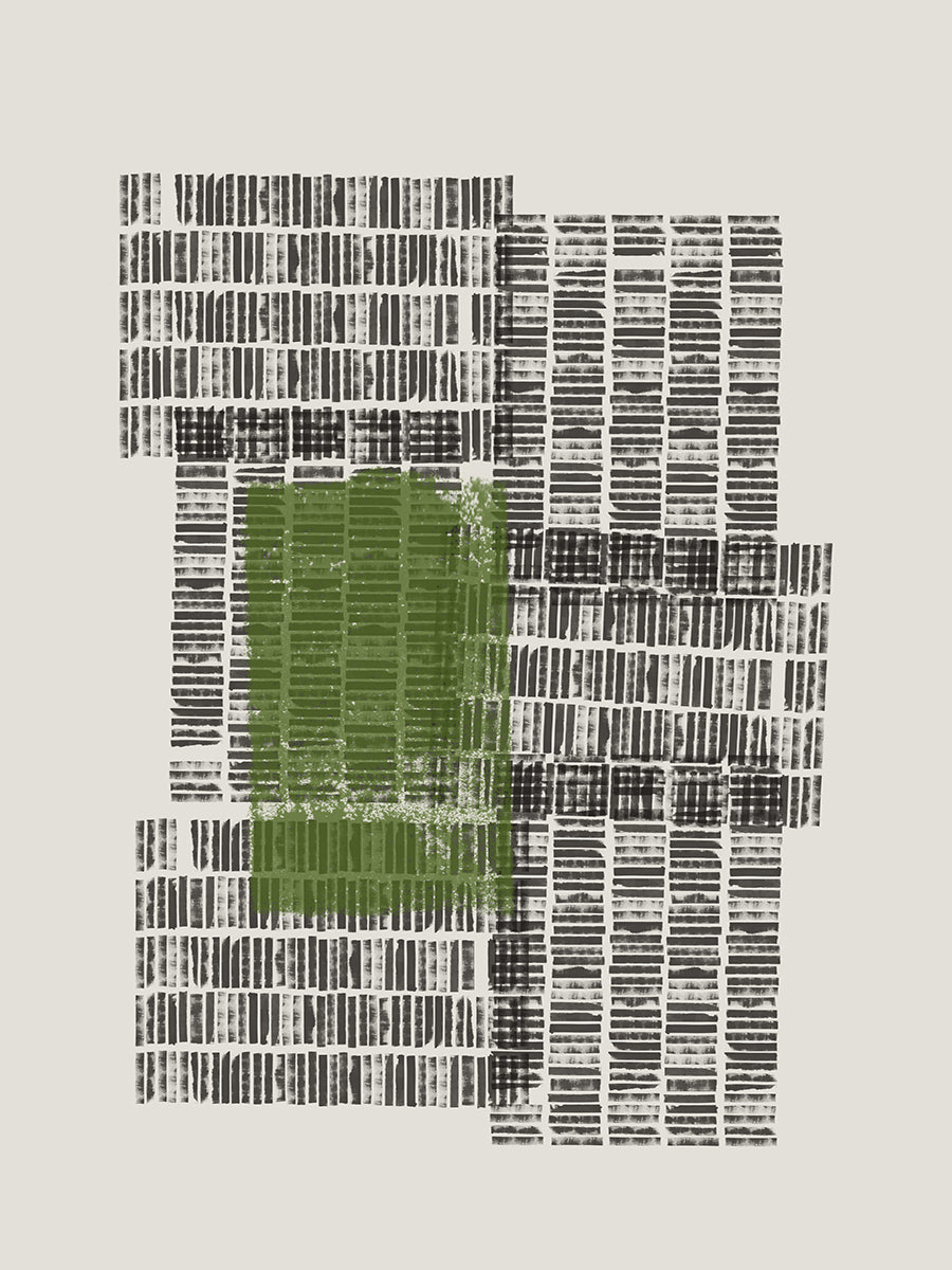 Abstrakte Illustration mit grünen und schwarzen Quadraten und Rechtecken auf grauem Hintergrund.