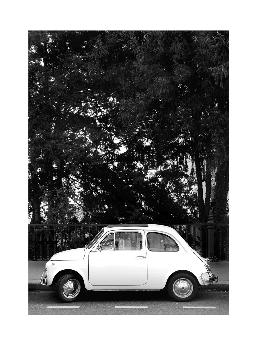 Schwarz-weiß-Fotografie eines weißen Oldtimers vor einem großen Baum.