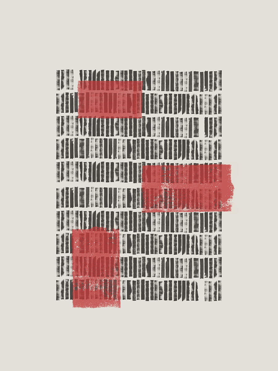 Grafische Illustration mit abstraktem Muster in Schwarz und Rot auf hellgrauem Hintergrund.