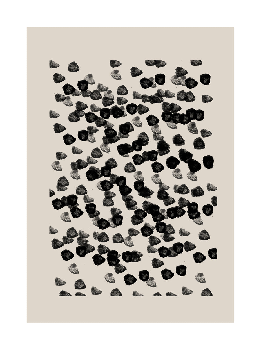 Grafische Illustration mit schwarzen und grauen Punkten auf beigem Hintergrund.
