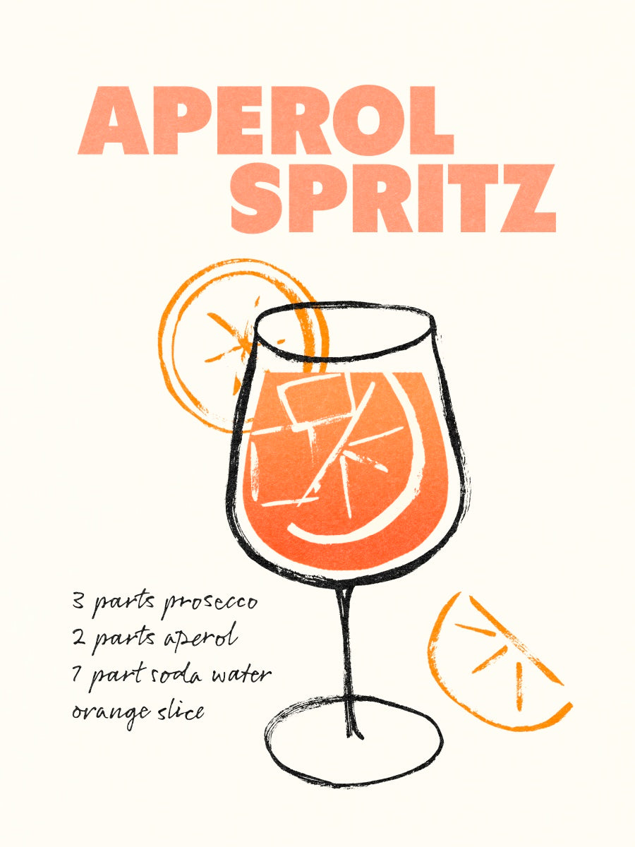 Poster mit Aperol Spritz Rezept und Illustration eines Weinglases mit Orangenscheibe.