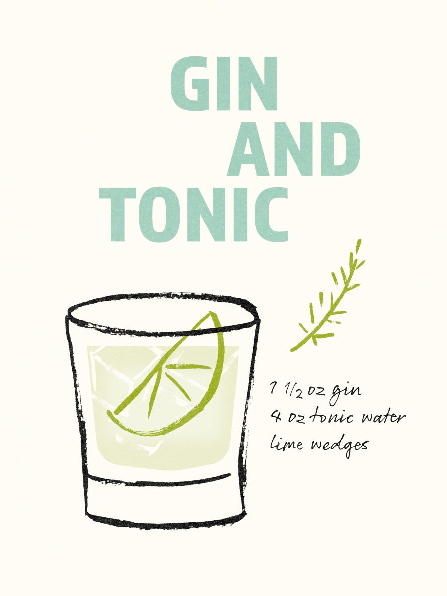 Illustration eines Gin Tonic mit Rezept in schwarzer Schrift auf cremeweißem Hintergrund.