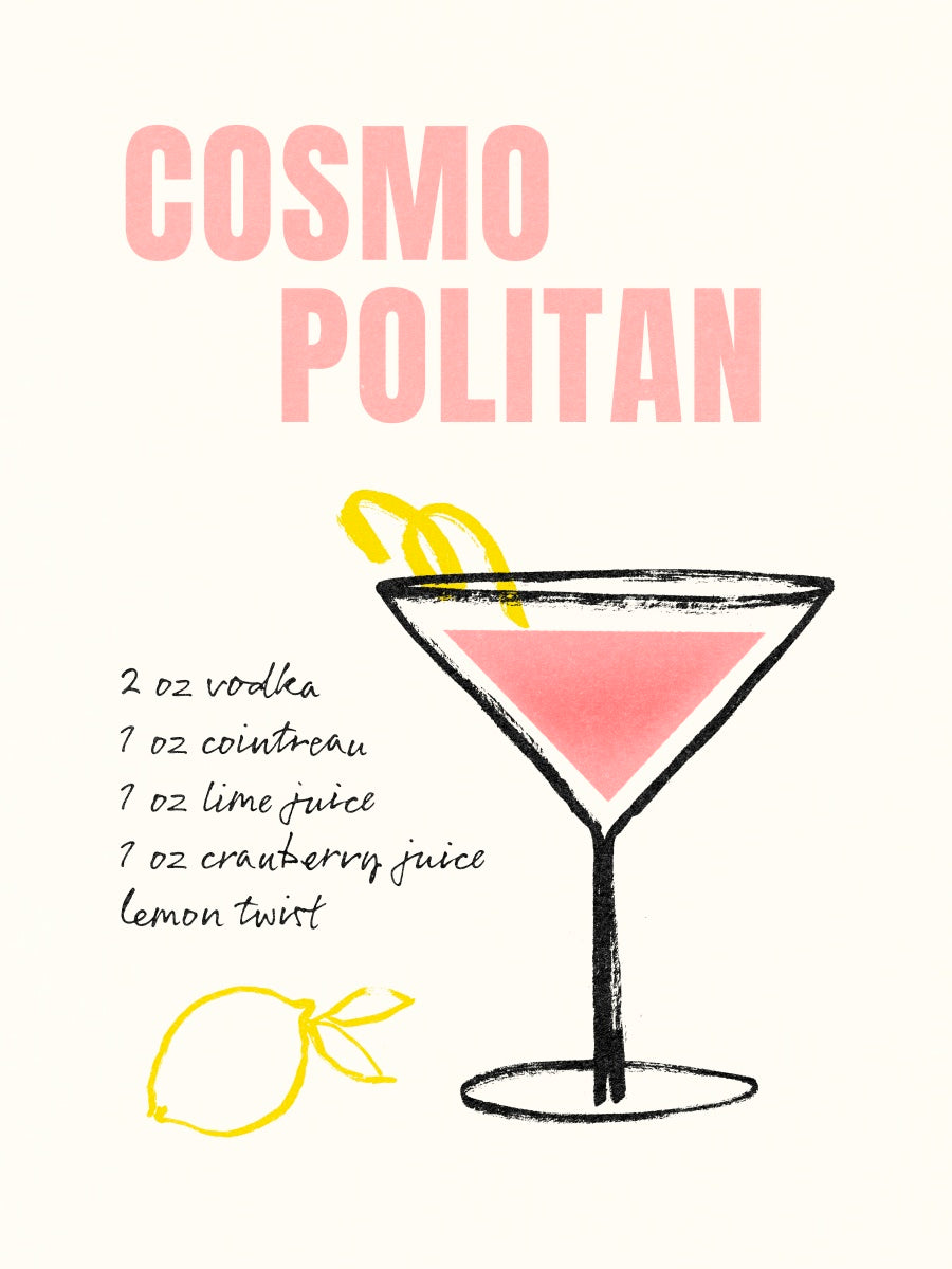 Illustration eines rosa Cosmopolitan-Cocktails mit Rezept.