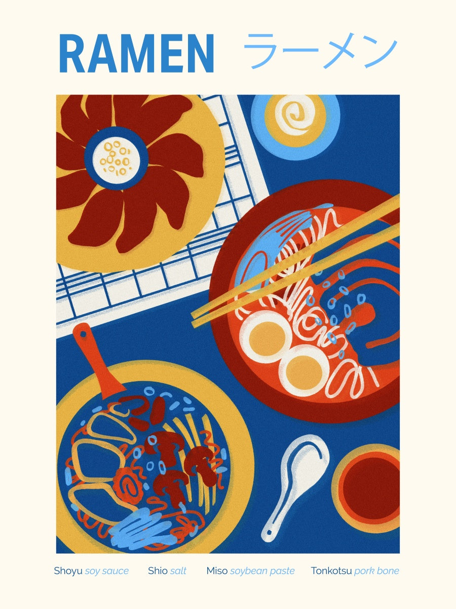 Grafisches Poster mit einer Schüssel Ramen und Zutaten in kräftigen Farben.