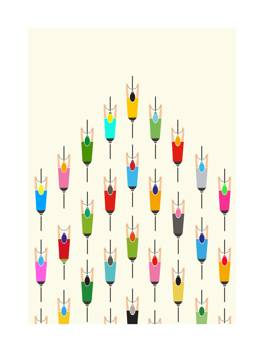Stilisierte Darstellung eines Orchesters mit bunten, geometrischen Figuren.