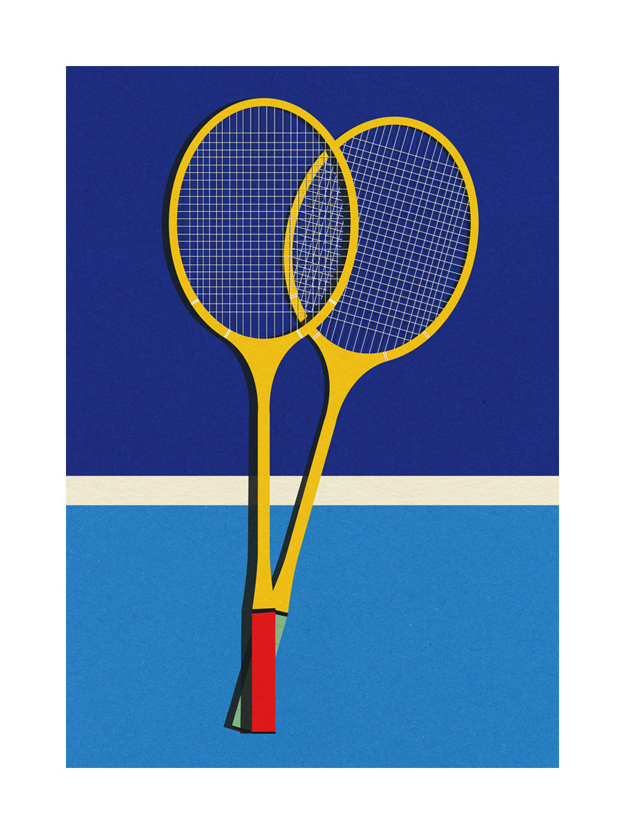 Grafische Illustration von zwei gelben Tennisschlägern auf blauem Hintergrund.