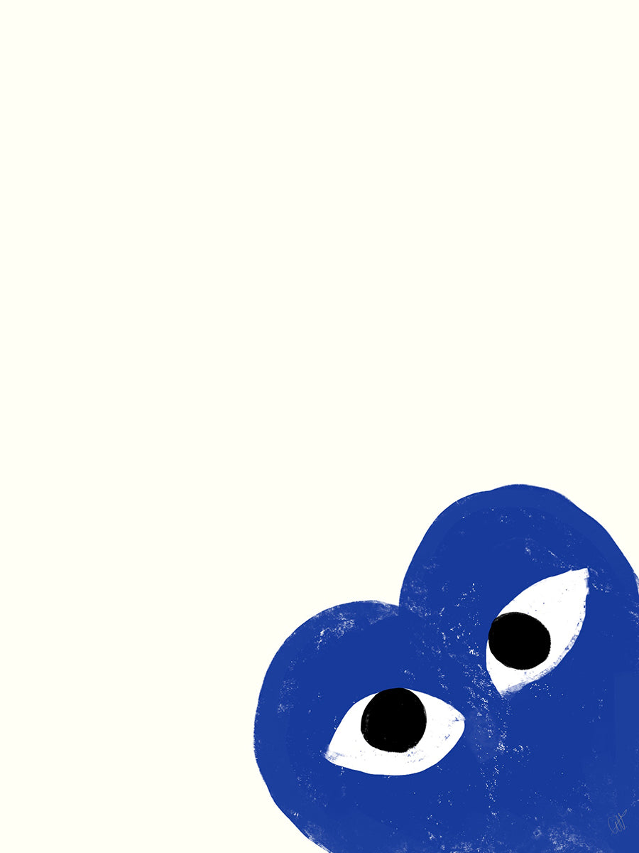 Blaues Herz mit Augen vor hellem Hintergrund.