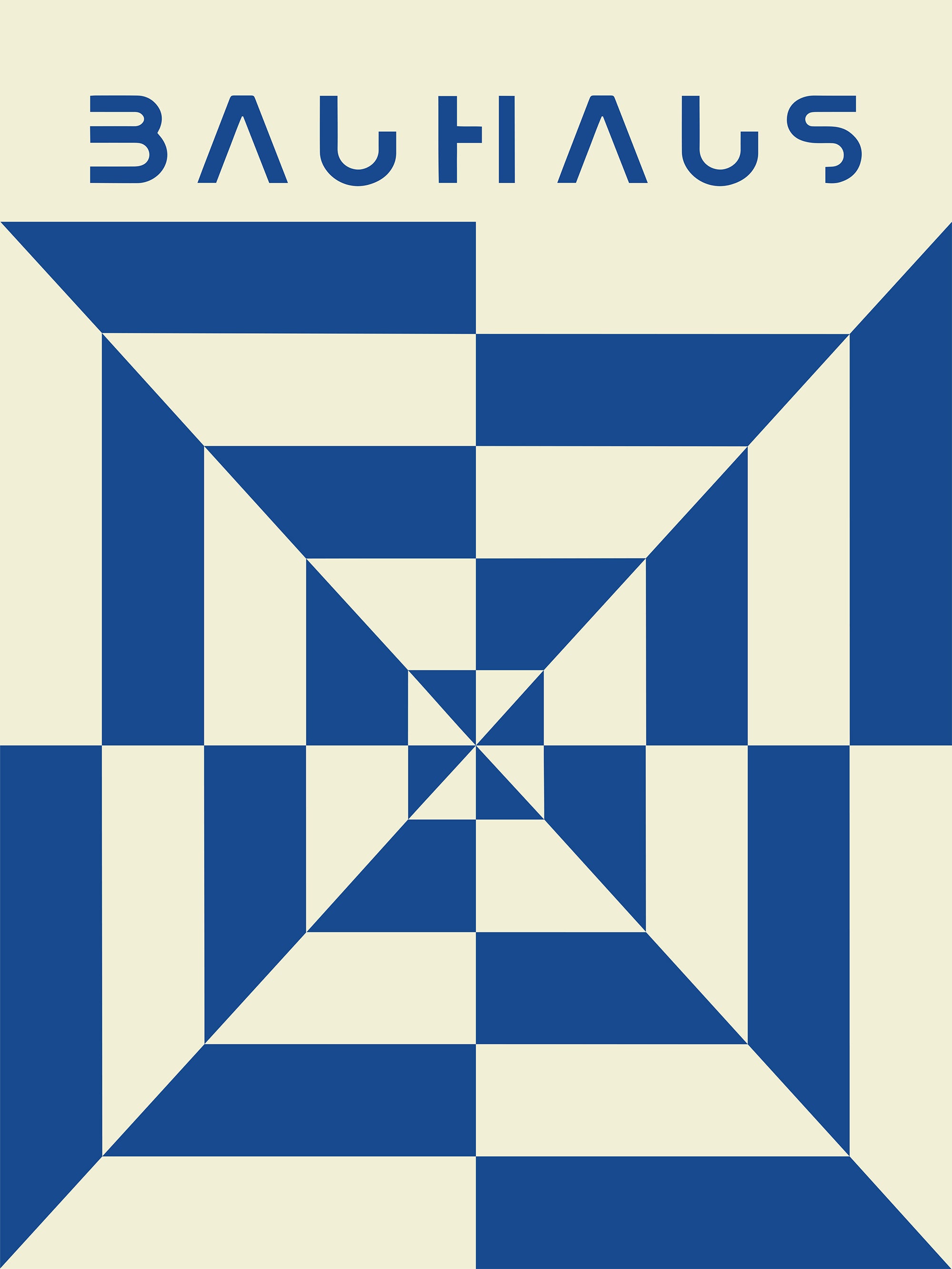 Grafische Illustration mit quadratischem Muster in Blau und Beige und dem Wort Bauhaus oben.