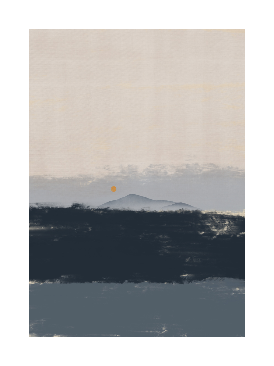 Abstrakte Landschaft mit Sonnenuntergang und dunklen Hügeln im Vordergrund.
