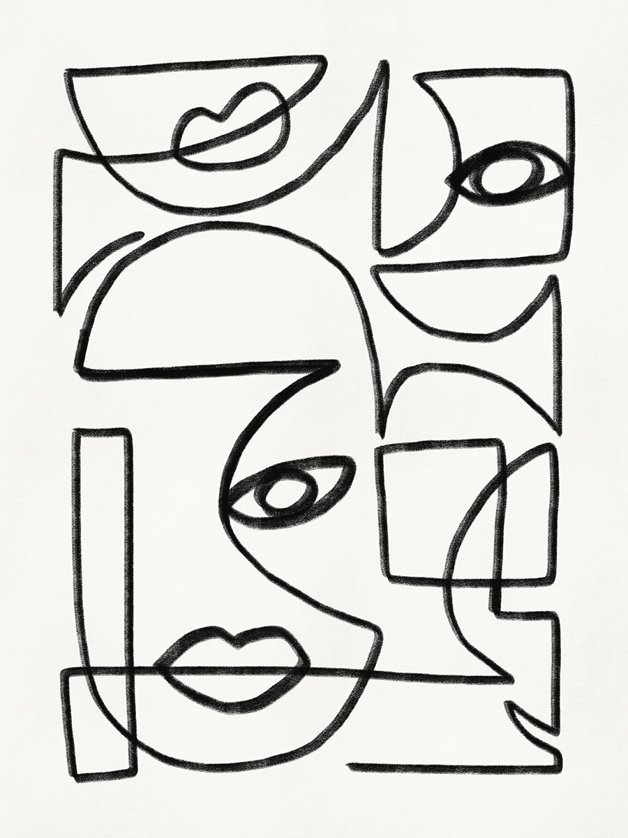Grafik mit abstrakten Gesichtern und Formen in Schwarz auf weißem Hintergrund.