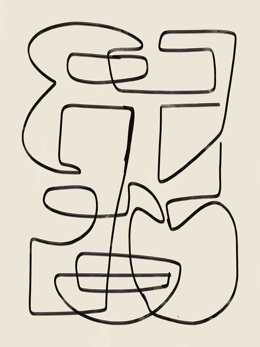 Abstraktes Gesicht in Line-Art-Design in Schwarz auf beigefarbenem Hintergrund.