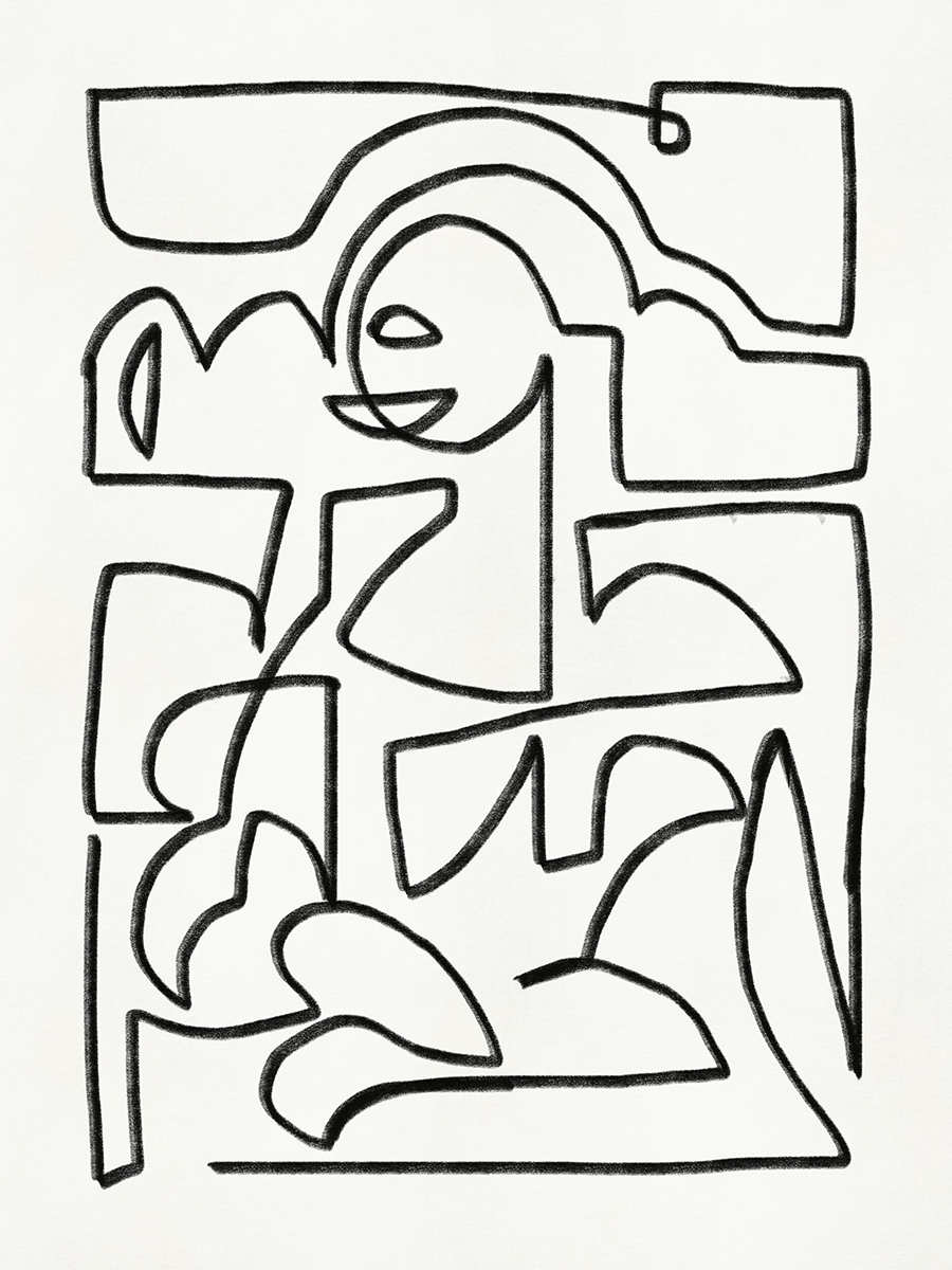 Line-Art-Poster mit abstrakten schwarzen Linien, die eine Figur auf weißem Hintergrund darstellen.